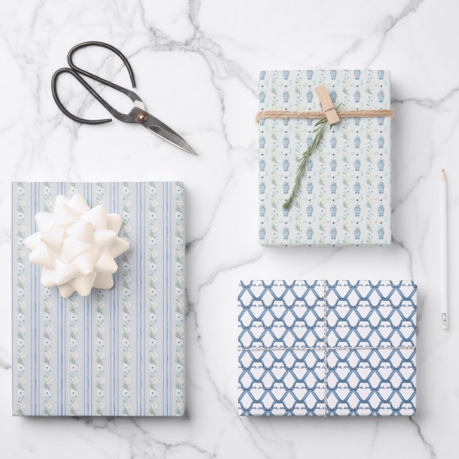 Feuille De Papier Cadeau Marine Chinoiserie Preppy (Recto)