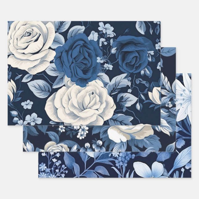 Feuille De Papier Cadeau Marine des fleurs bleues poussiéreuses (Lot)