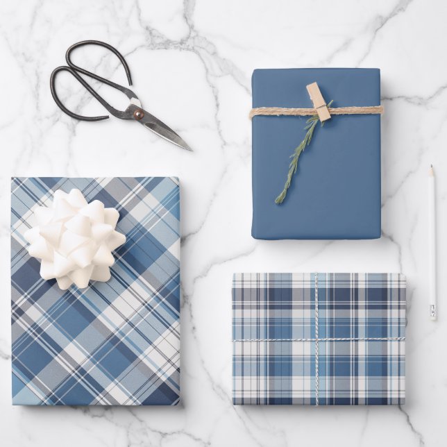 Feuille De Papier Cadeau Marine douce, Plaid Bleu & Blanc (Recto)