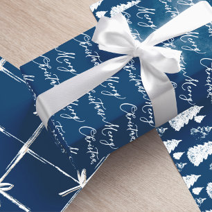 Feuille De Papier Cadeau Marine moderne Bleu & Blanc Arbre de Noël & Ruban