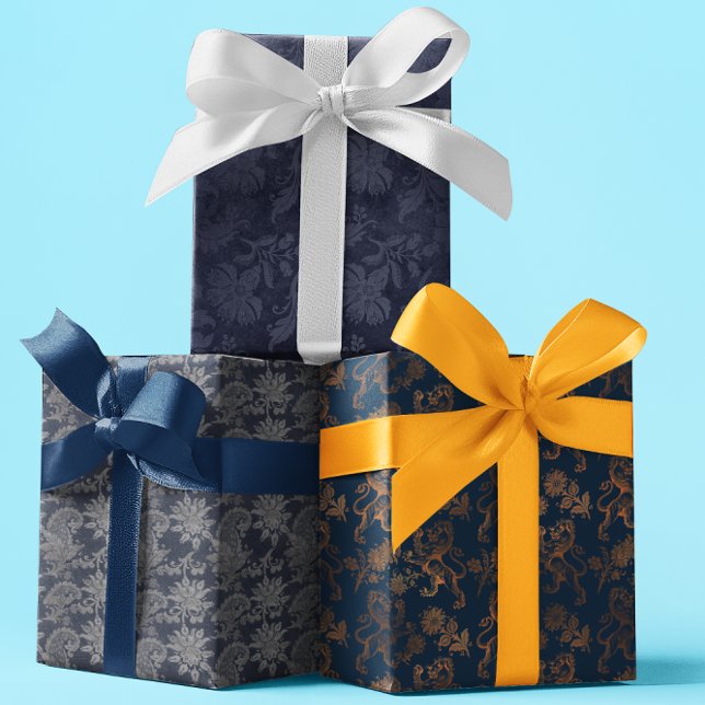 Feuille De Papier Cadeau Marine Ornate Damask Motif bleu (Créateur téléchargé)