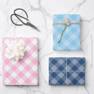 Feuille De Papier Cadeau Marine, rose et bleu plaid