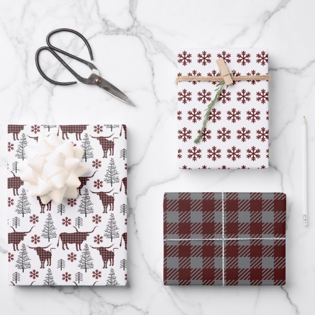 Feuille De Papier Cadeau Maroon Buffalo Plaid Longhorn Motif (Recto)