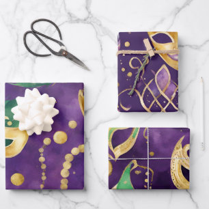 Feuille De Papier Cadeau Masques élégants violets, verts et dorés Mardi Gra