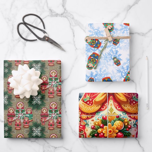 Feuille De Papier Cadeau Matryoshka Russe Poupées de nidification Babushka  (Recto)