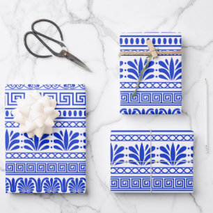 Feuille De Papier Cadeau Méandre Grec, Motif Méditerranéen, Bleu