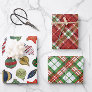 Feuille De Papier Cadeau Mélange de Noël - BG tartan et baubles