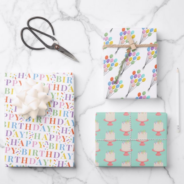 Feuille De Papier Cadeau Mélange Joyeux Anniversaire Pastel Mignon (Recto)