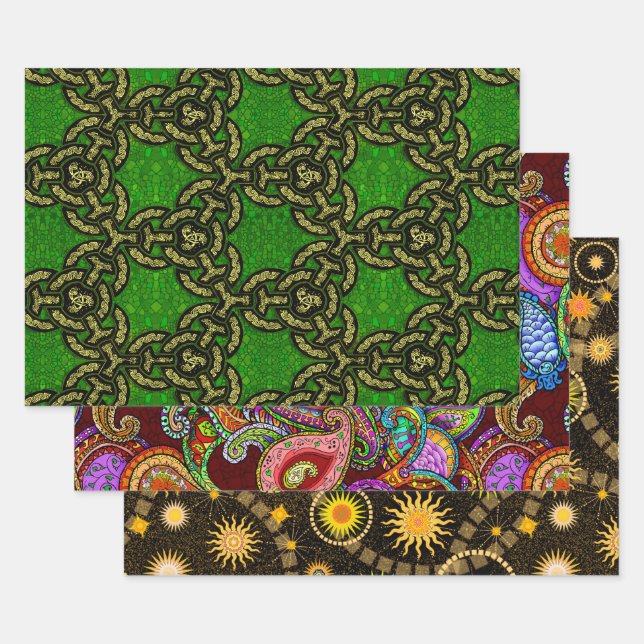 Feuille De Papier Cadeau Melange Paisley, Tysonia et Celtic Dragon (Lot)
