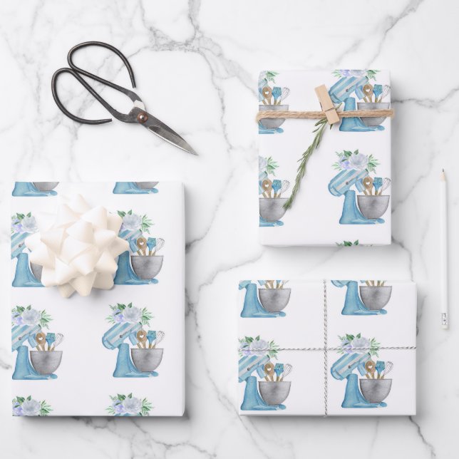 Feuille De Papier Cadeau Mélangeuse Fleur Bleue Boulangerie (Recto)