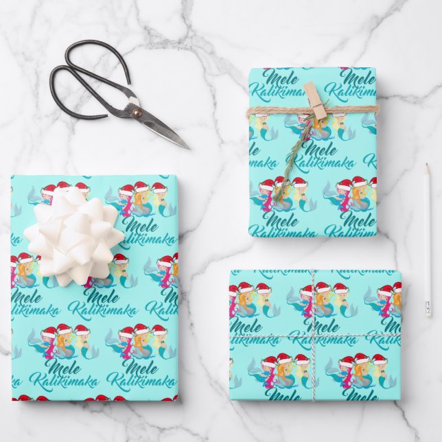 Feuille De Papier Cadeau Mele Kalikimaka Mermaid Plage Turquoise Noël (Recto)