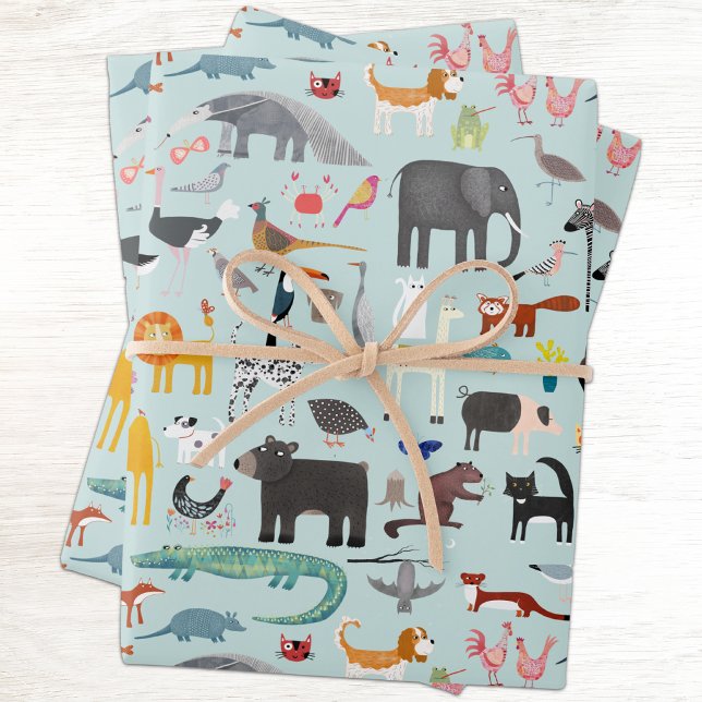 Feuille De Papier Cadeau Ménagerie animale (Animal menagerie fun gift wrap paper sheets)