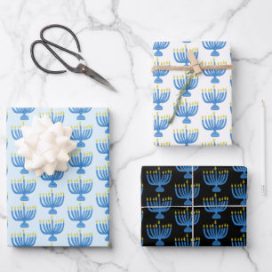 Feuille De Papier Cadeau Menorah botanique de Hanukkah aquarelle bleue