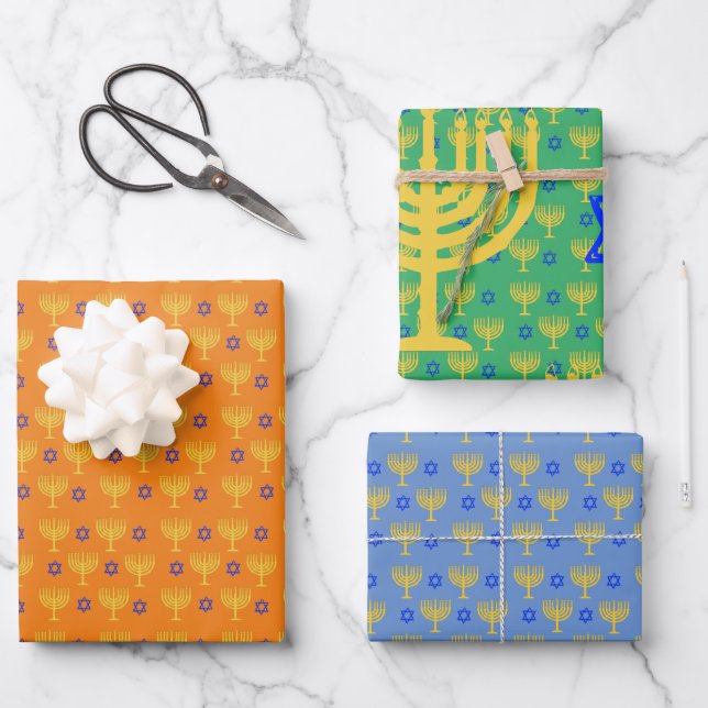 Feuille De Papier Cadeau Menorahs Or + Étoiles Bleues Enveloppant des feuil (Recto)