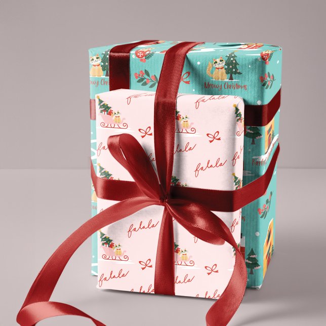 Feuille De Papier Cadeau Meowy Chat Noël Sleigh Village d'hiver Scène (Meowy Cat Christmas Sleigh Winter Village Scene Wrapping Paper Sheets)