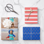 Feuille De Papier Cadeau Mer et salutations Costal Blue Coral Photo<br><div class="desc">Une collection de papier d'emballage de vacances amusante et vibrante avec trois designs coordonnés. Sheet dispose d'un motif de tuiles de votre photo de plage préférée avec Seas et Greutages, dans une typographie blanche moderne. La feuille 2 a un motif moderne de corail et de rayures blanches. La troisième feuille...</div>