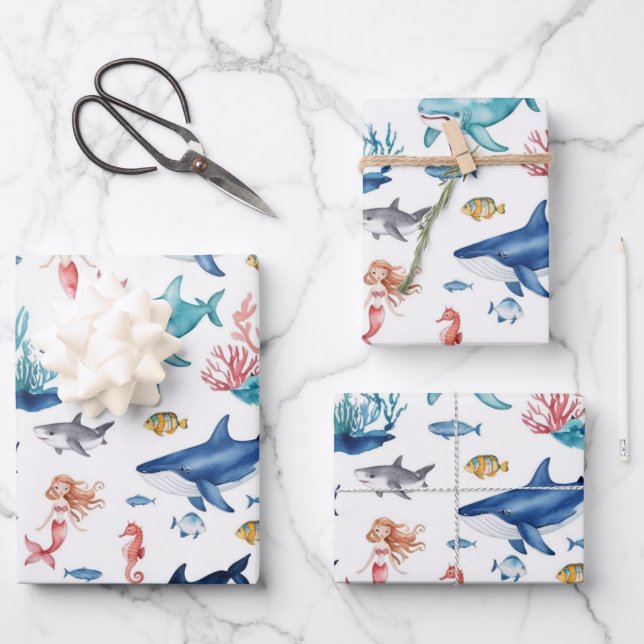 Feuille De Papier Cadeau mermaid blanc arc-en-ciel requin anniversaire (Recto)