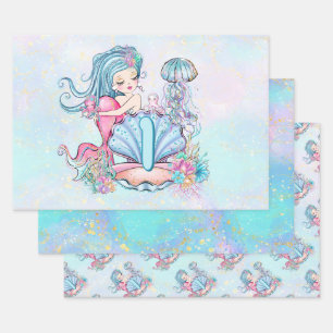 Feuille De Papier Cadeau Mermaid Premier anniversaire   Whimsical Sea Life 