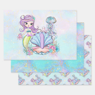 Feuille De Papier Cadeau Mermaid Premier anniversaire   Whimsical Sea Life 
