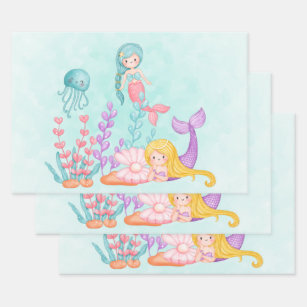 Feuille De Papier Cadeau Mermaids et méduses sous l'aquarelle marine
