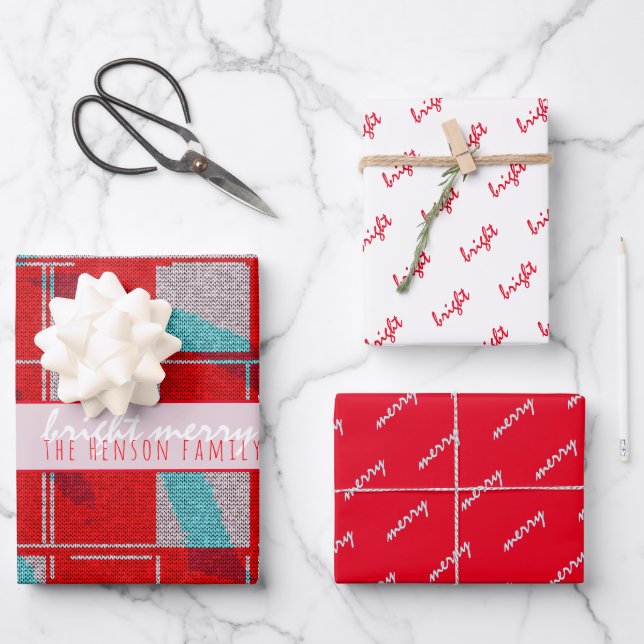 Feuille De Papier Cadeau Merry Bright Red Knit Tricot Famille (Recto)