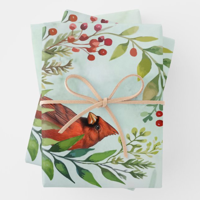 Feuille De Papier Cadeau Merry Christmas Classic Cardinal  (En situation)
