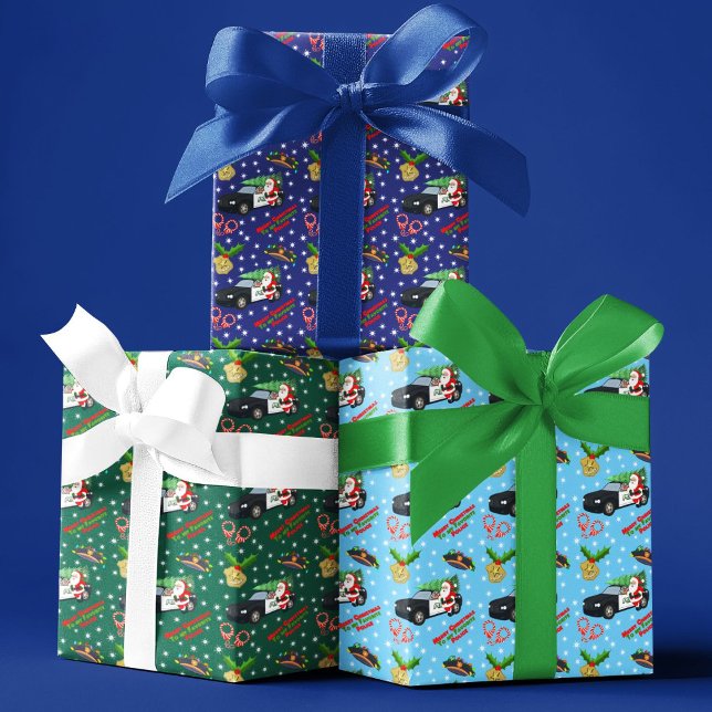 Feuille De Papier Cadeau Merry Christmas Police Officer Santa Cop Car (Créateur téléchargé)