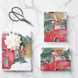 Feuille De Papier Cadeau Merry Christmas Vintage Red Santa Truck