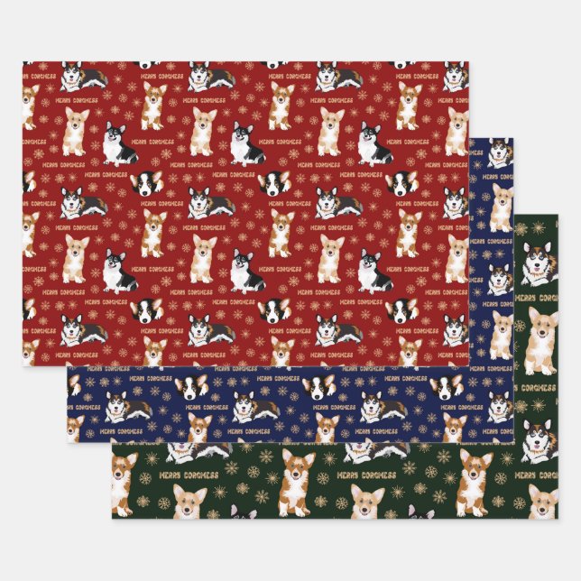 Feuille De Papier Cadeau Merry Corgmess Text - Christmas Corgi motifs (Lot)