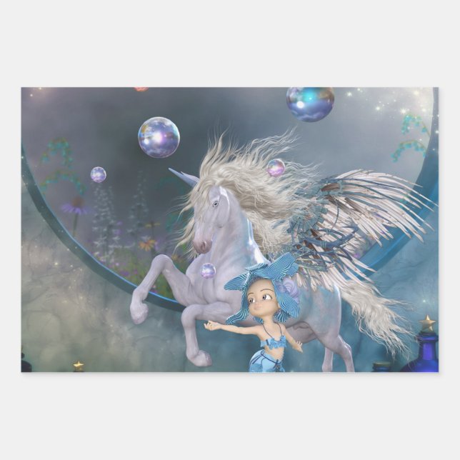 Feuille De Papier Cadeau Merveilleuse licorne blanche avec peu de fée (Devant)