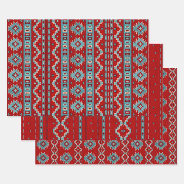 Feuille De Papier Cadeau Mesas Sud-Ouest Turquoise et rouge Motifs géométri (Lot)