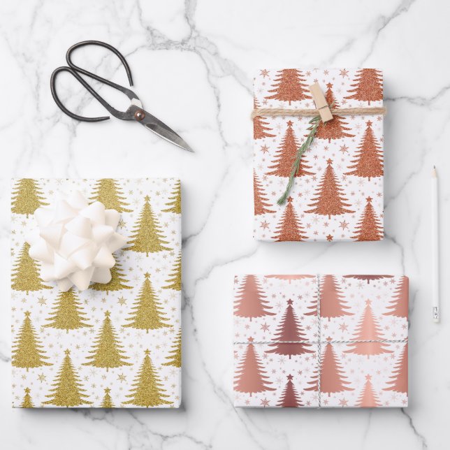 Feuille De Papier Cadeau Métallurgique Arbres de Noël Motif Parties scintil (Recto)