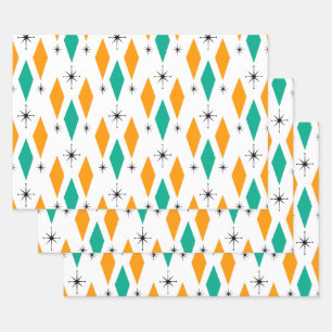 Feuille De Papier Cadeau Mi-Siècle Diamants Modernes Étincelles Turquoise O
