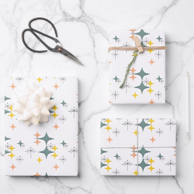 Feuille De Papier Cadeau Mi-Siècle moderne Eames Atomique Starburds Blanc (Recto)