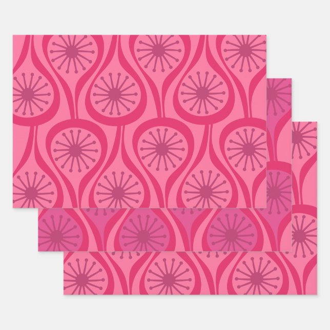 Feuille De Papier Cadeau Mi-Siècle moderne gouttes atomiques Motif Hot rose (Lot)