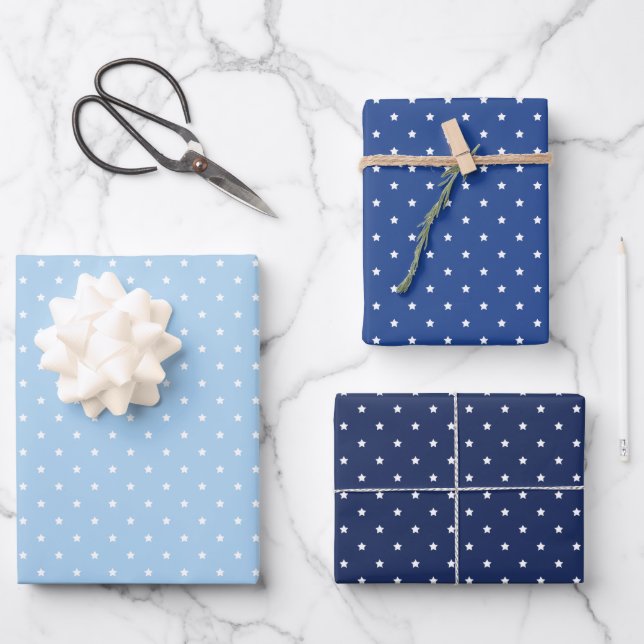 Feuille De Papier Cadeau Micro Stars Blanc - 3 Bleu (Recto)