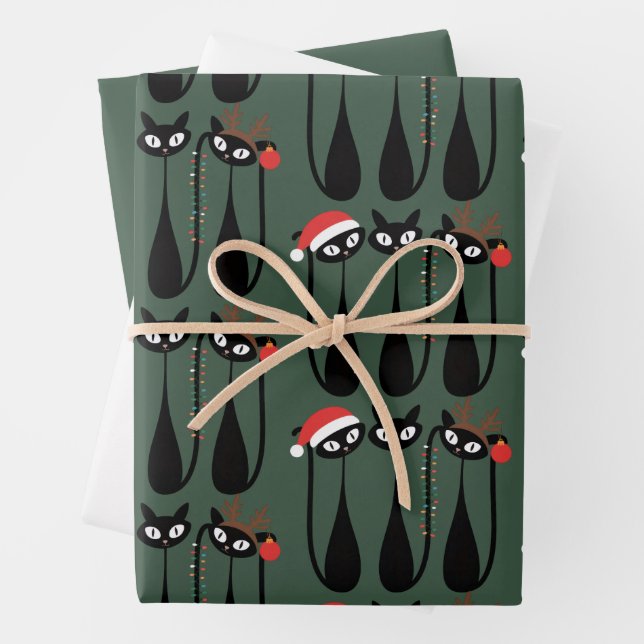 Feuille De Papier Cadeau Mid Century Modern Christmas Cats Retro Classic (En situation)