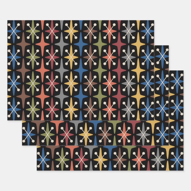 Feuille De Papier Cadeau Mid Century Modern Starburst Pattern (Lot)