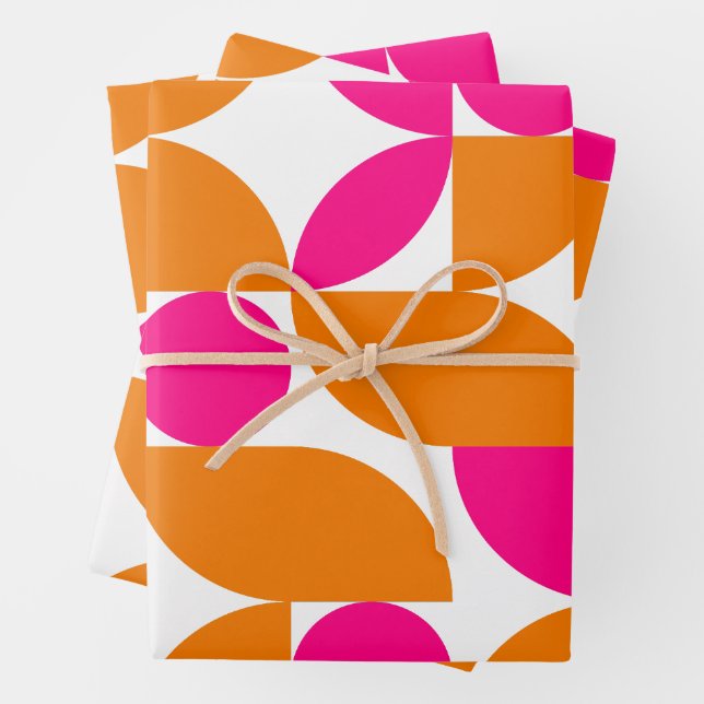 Feuille De Papier Cadeau Mid Century Moderne Abstrait 26 rose et orange (En situation)