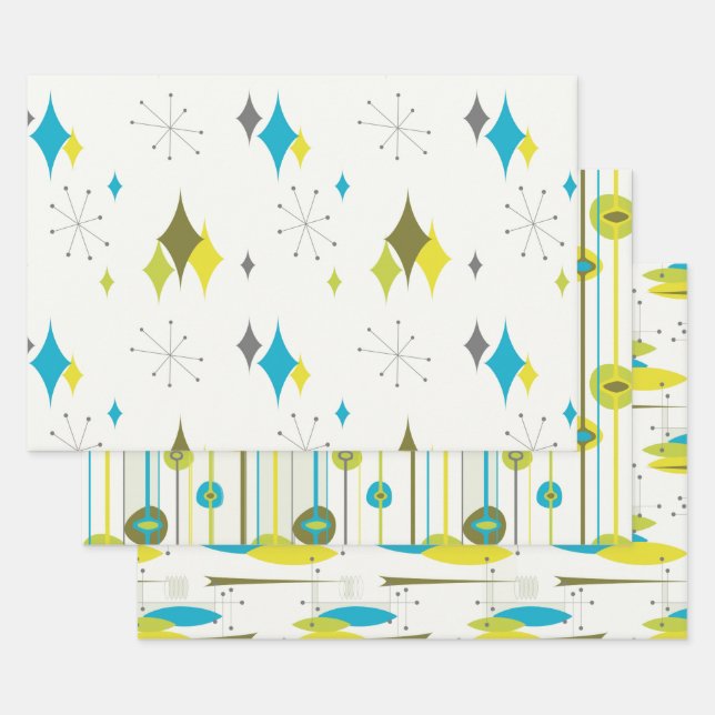 Feuille De Papier Cadeau Mid Century Moderne diamant, poisson, vert avocat (Lot)