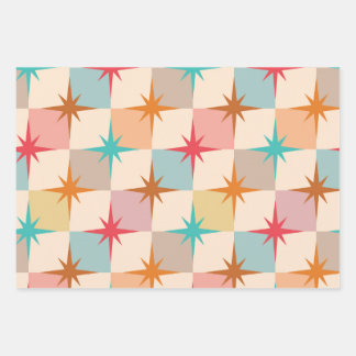 Feuille De Papier Cadeau Mid Century Starbursts on Pastel Checkerboards 