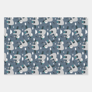 Feuille De Papier Cadeau mignon adorable motif de paresseux gris fond bleu