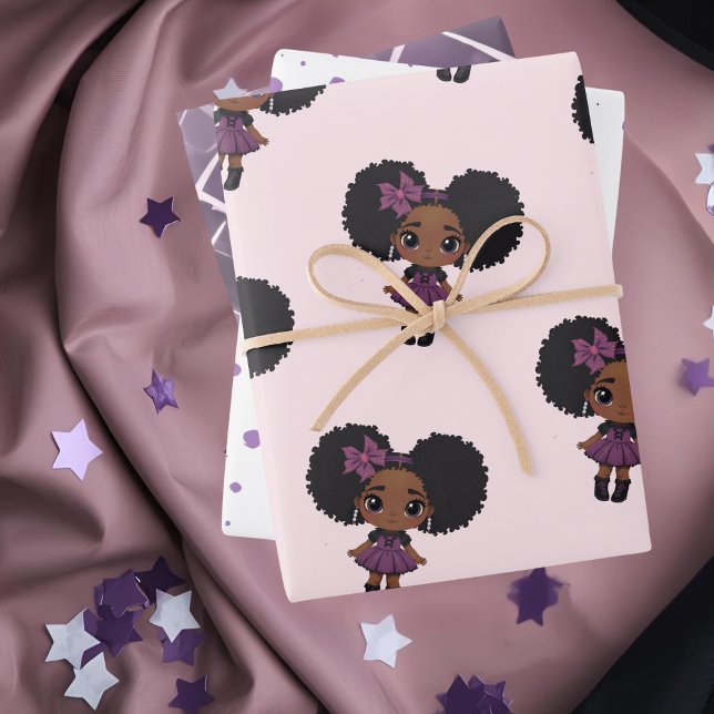 Feuille De Papier Cadeau mignonne fille pourpre point afro-puff (Cute Purple dot girl afro-puff Wrapping Paper Sheets)