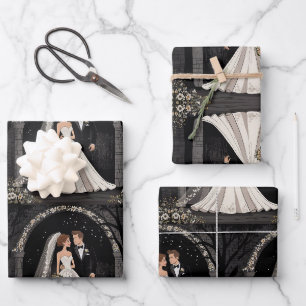 Feuille De Papier Cadeau Mignonne Mariage Couple Poignées