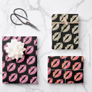 Feuille De Papier Cadeau Mignonne Parties scintillant lèvres baise sur noir