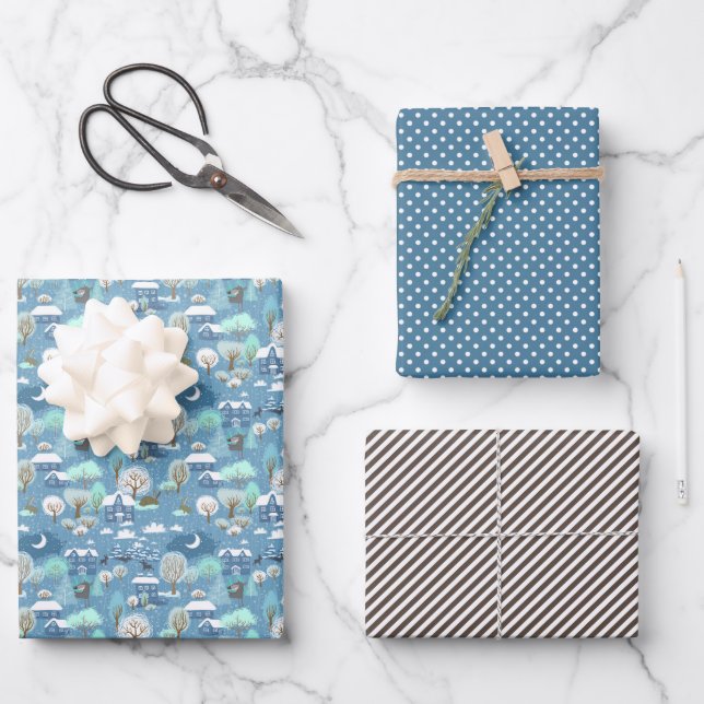 Feuille De Papier Cadeau Mignonne Turquoise Blue Green Winter Season Paysag (Recto)