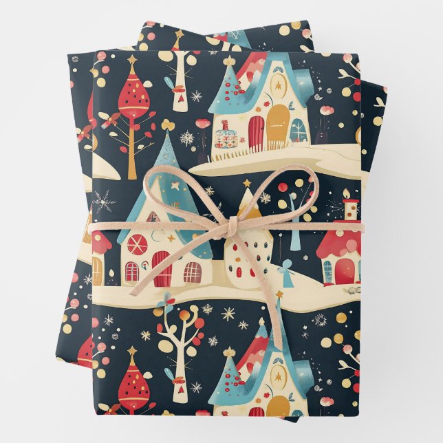Feuille De Papier Cadeau Mignonne Whimsical Fun & Festive Christmas Village (En situation)