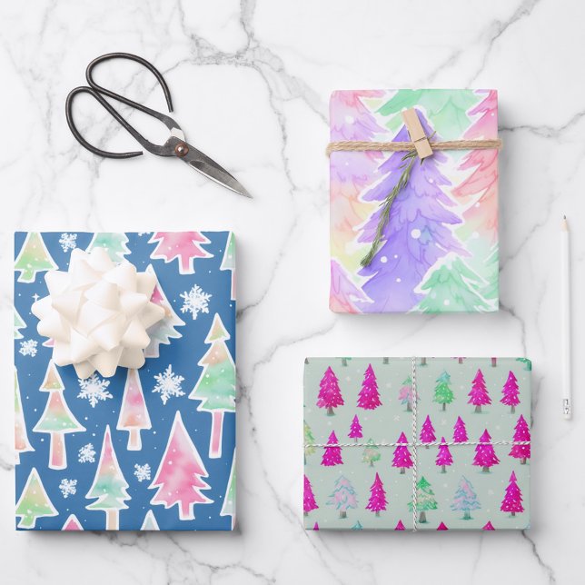 Feuille De Papier Cadeau mignons arbres de noël couleurs pastel motif (Créateur téléchargé)