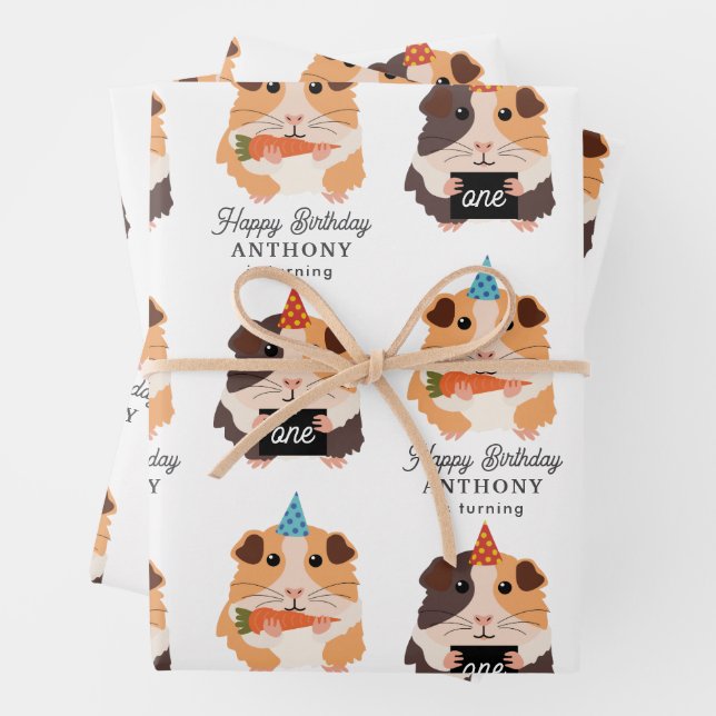 Feuille De Papier Cadeau Mignons Cochons d'Inde Drôles Nom Âge Anniversaire (En situation)