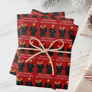 Feuille De Papier Cadeau Mignons deux chats Joyeux lumières de Noël Rouge P